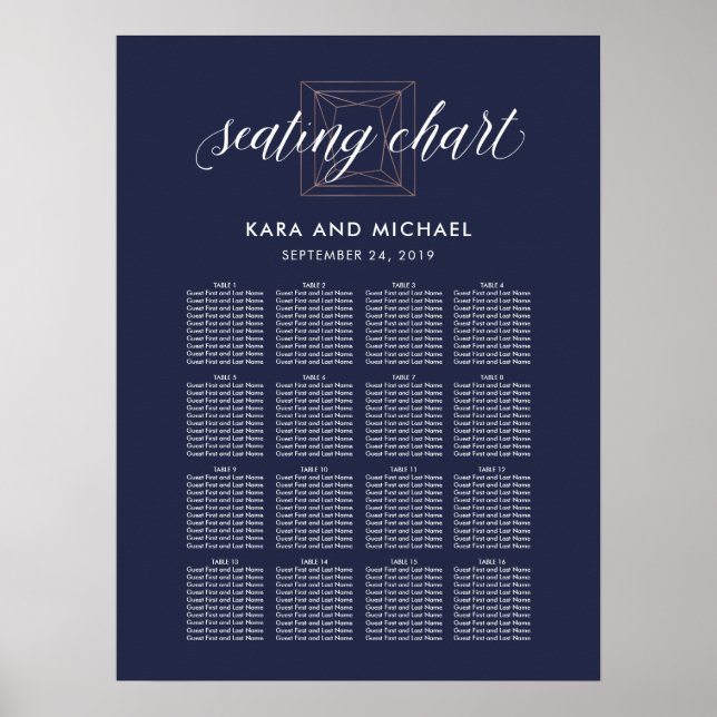 Poster Dark Blue Modern Diamond Wedding Seating Chart (Devant)
