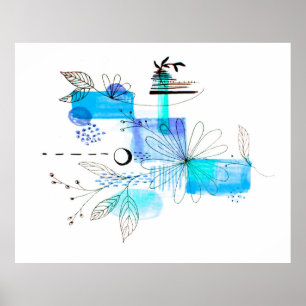 Poster d'art Abstrait noir floral bleu et gris