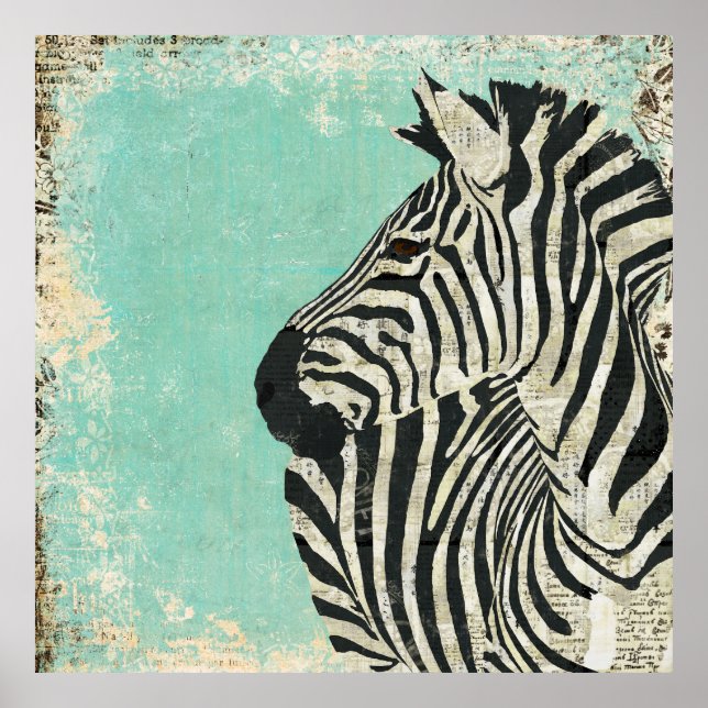 Poster d'art bleu vintage Zebra (Devant)