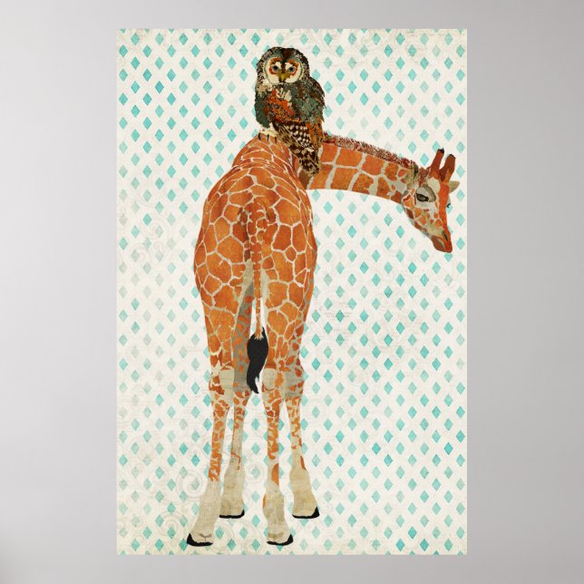 Poster d'art de la girafe d'ambre et de la chouett (Devant)
