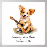Poster d'art de la pépinière Chiot avec guitare