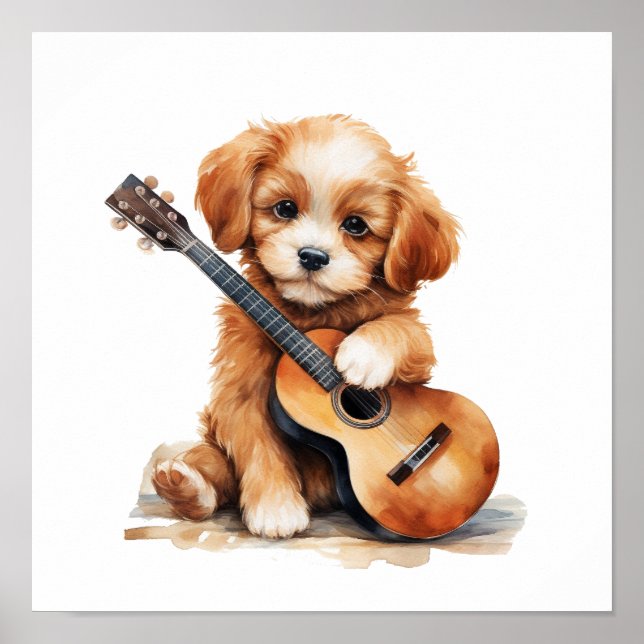 Poster d'art de la pépinière Chiot avec une guitar (Devant)