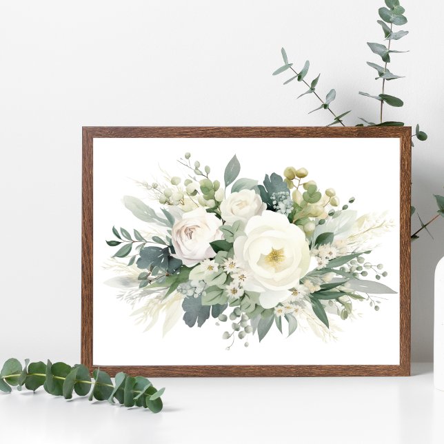 Poster d'art de mur d'aquarelle blanc fleuri (White Floral Flowers Greenery Watercolor Wall Art poster)
