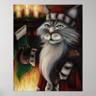 Poster d'art de Noël du chat de Noël du Père Noël