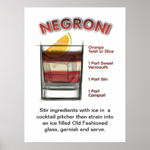 Poster d'art de recettes de cocktails NEGRONI 18" 