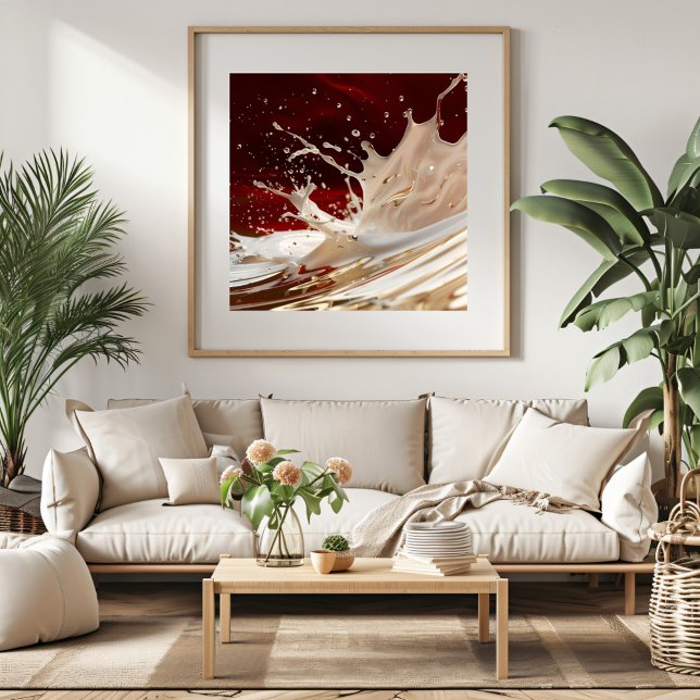 Poster d'art fluide Crème et Rouge Splash (Add a bold statement to your home with this stunning red and beige abstract artwork.)