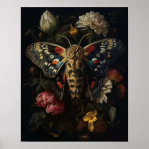 Poster D'Art Gothique Moth Et Fleurs