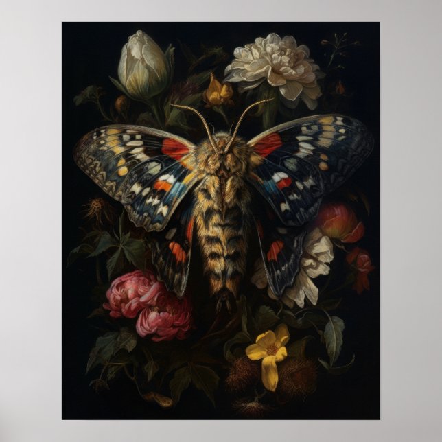 Poster D'Art Gothique Moth Et Fleurs (Devant)