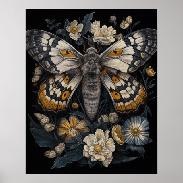 Poster D'Art Gothique Moth Et Fleurs (Devant)