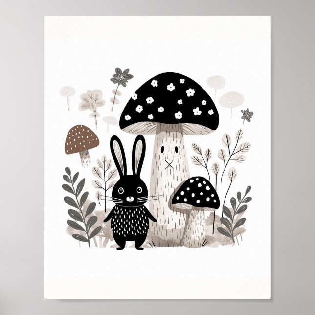 Poster d'art lapin folk scandinave & champignons (Devant)