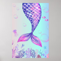 Poster d'art mauve Sirène bleu mer chambre à couch