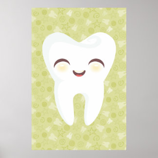 Poster d'art mignonne Tooth on Green Motif Wall