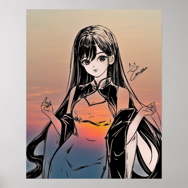 Poster d'art mural de la fille Anime Sunset (Devant)