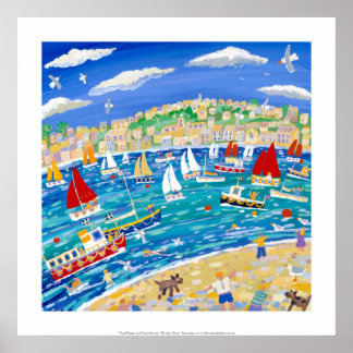 Poster d'art : nageurs, phoques et voiles.