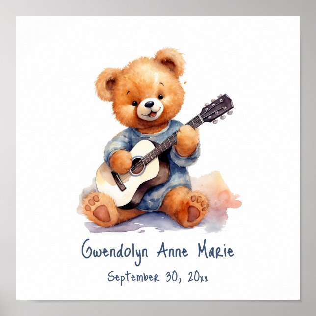 Poster d'art Nursery Teddy Bear Guitare personnali (Devant)