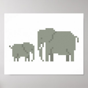 Poster D'Art Pixel De Mère Et Bébé Eléphant
