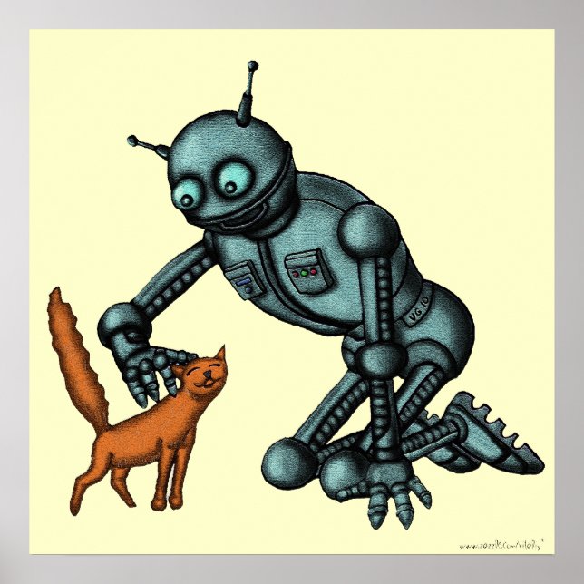Poster d'art pour robot et chat amusant (Devant)