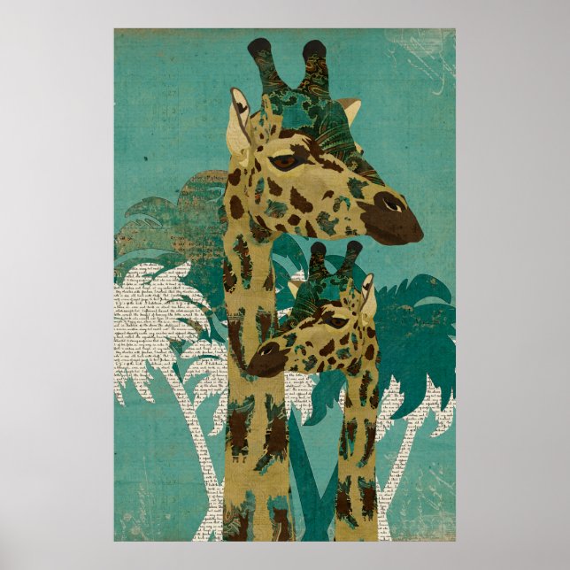 Poster d'art rétro de Giraffes de Boho bleu tropic (Devant)
