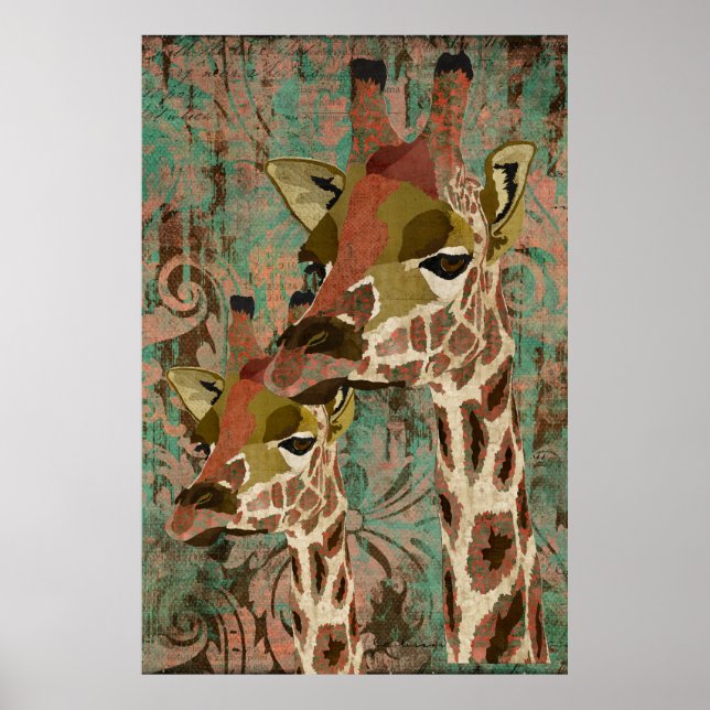 Poster d'art Rosa Giraffes Damask (Devant)