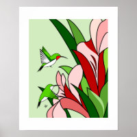 Poster d'art stylisé Colibri et Fleurs PInk