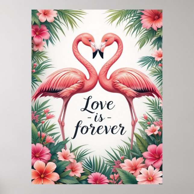 Poster d'art tropical Flamant rose Love (Devant)
