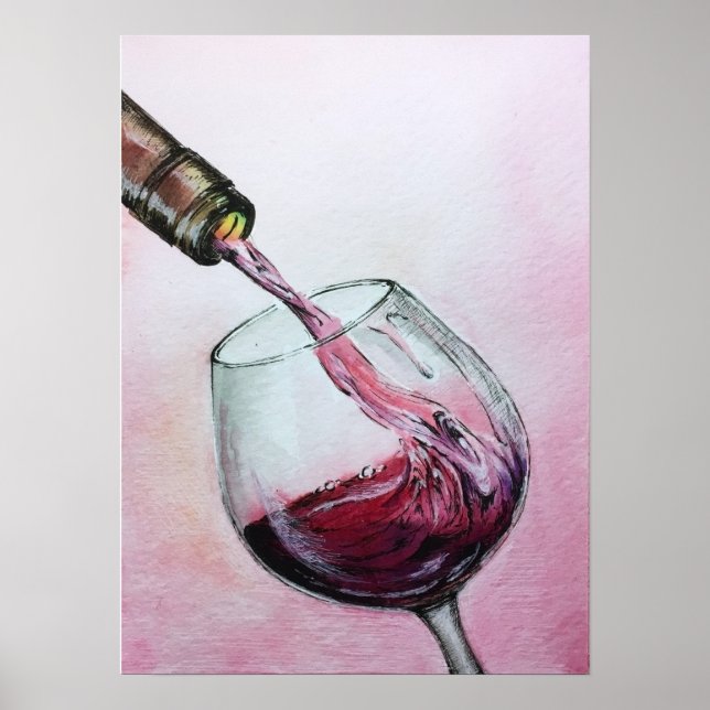 Poster d'Art Vin Rouge Aquarelle Peinture Cuisine (Devant)