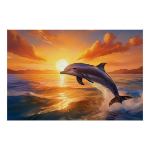 Poster Dauphin sautant au coucher du soleil