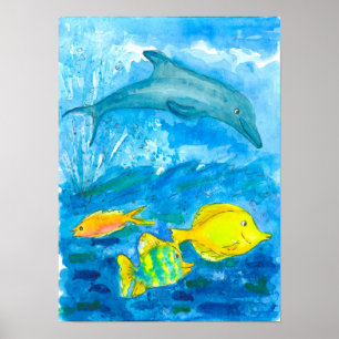 Poster Dauphin Tropical Poisson Aquarelle Peinture