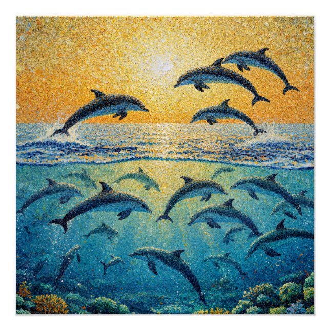 Poster Dauphins au coucher du soleil l (Devant)