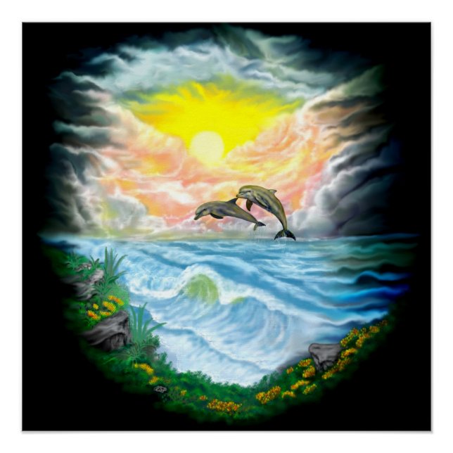 Poster Dauphins jouant dans la lumière du soleil (Devant)