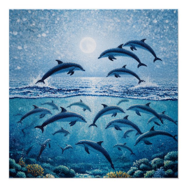 Poster Dauphins pleine lune  (Devant)