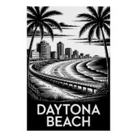 Daytona Beach Floride Noir Blanc Gravure sur Bois 