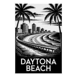 Poster Daytona Beach Floride Noir Blanc Gravure sur Bois 