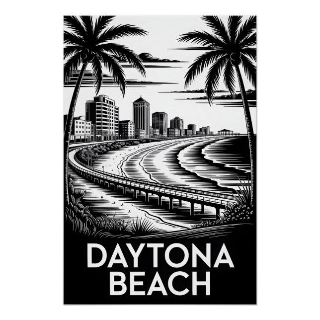 Poster Daytona Beach Floride Noir Blanc Gravure sur Bois  (Devant)