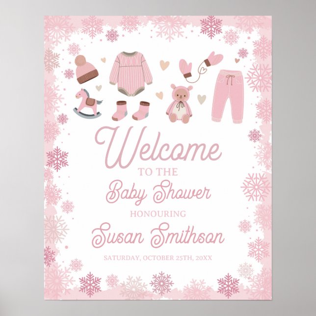 Poster de Baby shower de bienvenue Pink Snow Winte (Devant)