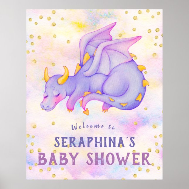 Poster de Baby shower de dragon mou violet (Devant)
