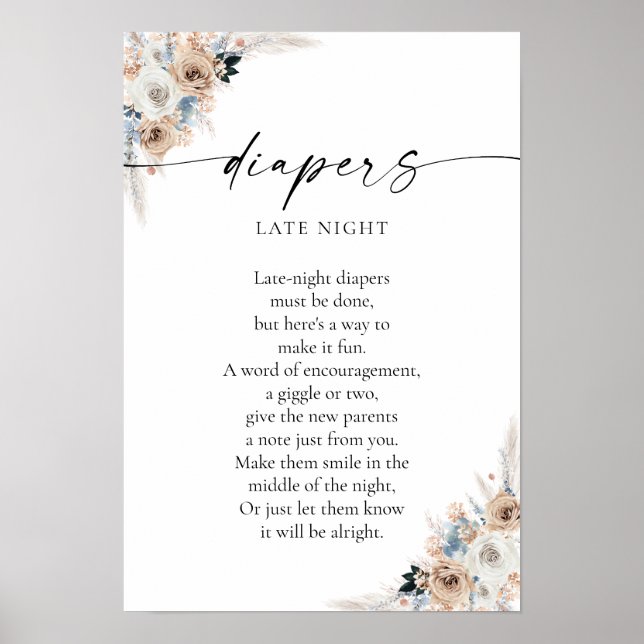 Poster de Baby shower Floral Ivory And Blue Boho (Devant)