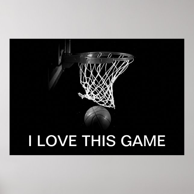 Poster de basket-ball noir et blanc J'aime ce jeu (Devant)