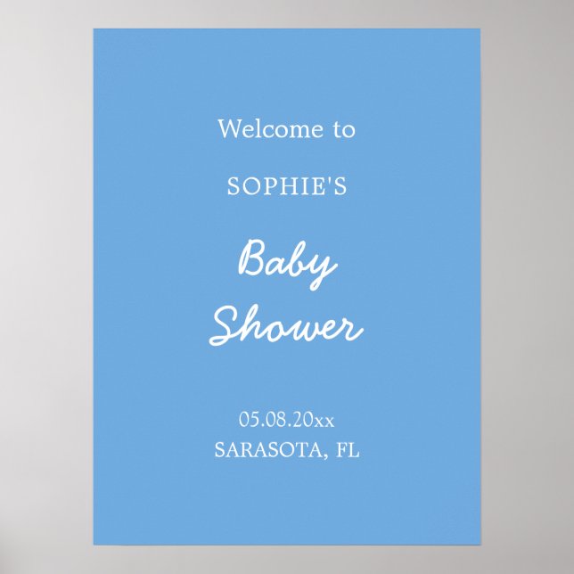 Poster de bienvenue bleu minimaliste baby shower (Devant)