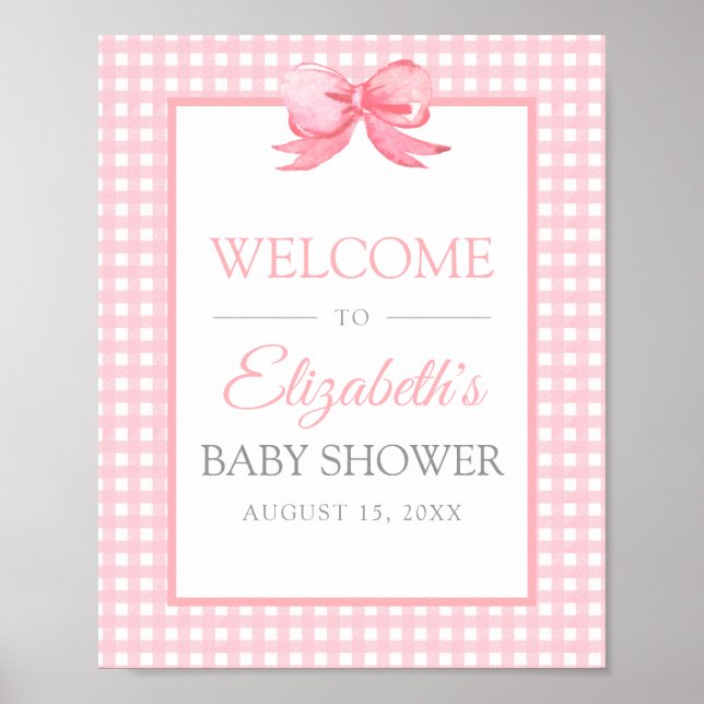 Poster de bienvenue de Baby shower rose En vichy (Devant)