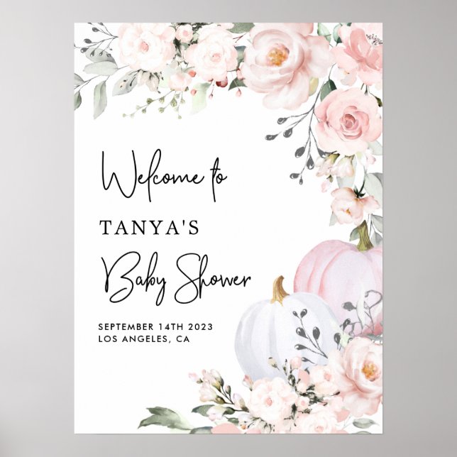 Poster de bienvenue du Baby shower Citrouille rose (Devant)