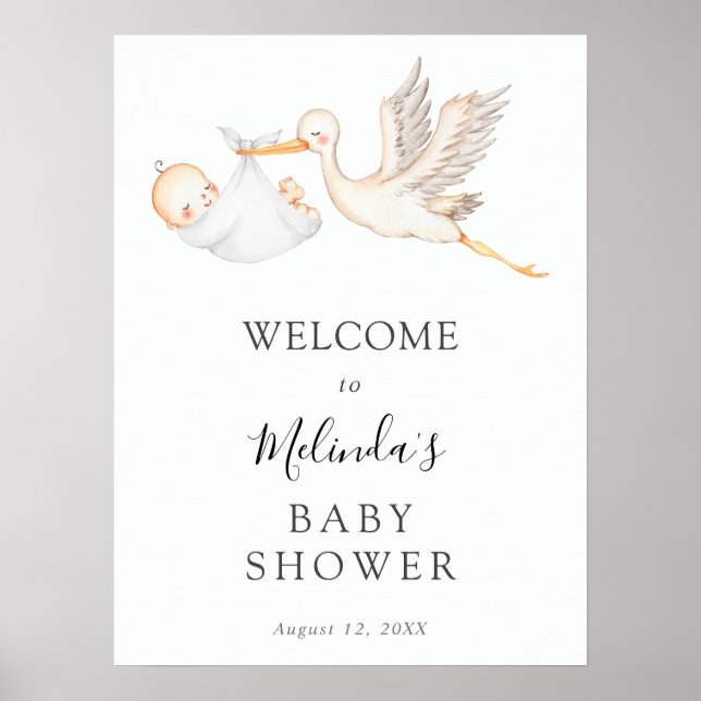Poster de bienvenue du Baby shower de cigogne blan (Devant)
