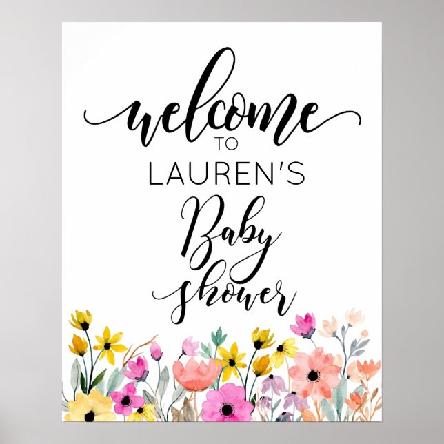 Poster de bienvenue du Baby shower de fleurs d'aqu (Devant)
