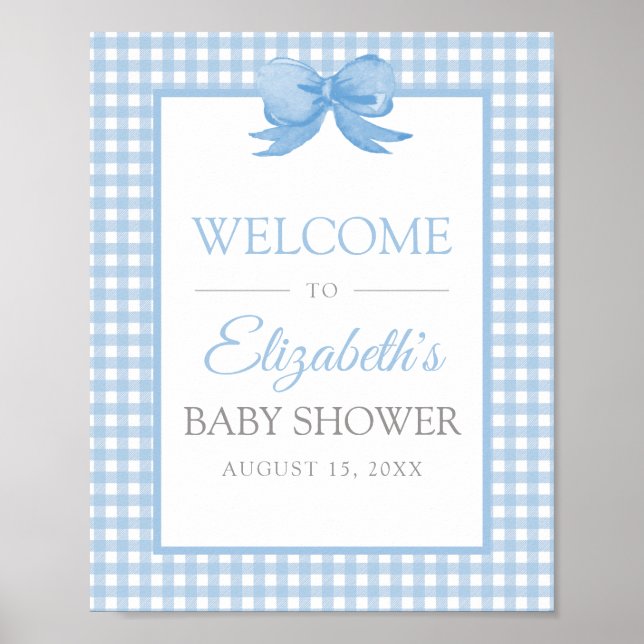 Poster de bienvenue du Baby shower En vichy bleu (Devant)
