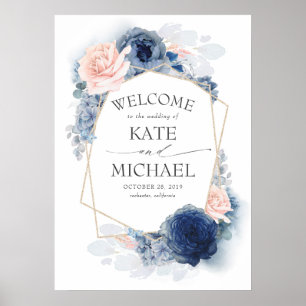Poster de bienvenue du Mariage Floral Bleu et Dust
