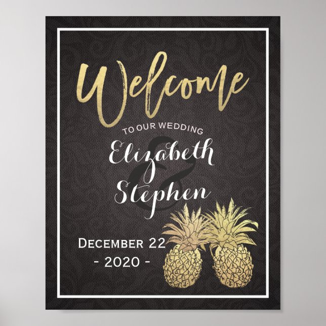 Poster de bienvenue mariage Black Gold Pineappy Co (Devant)