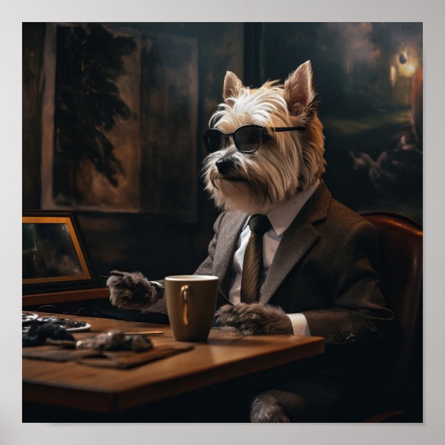 Poster de café pour chien élégant en costume (Devant)