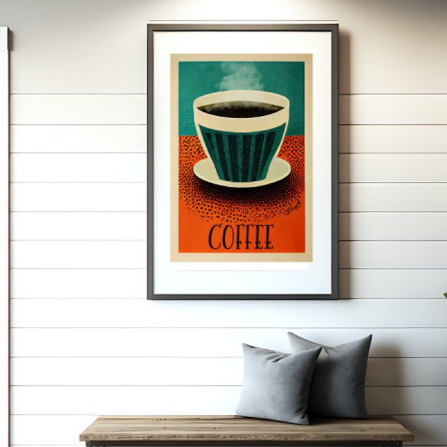 Poster de café rétro (Coffee poster is shown in a frame on a wall)