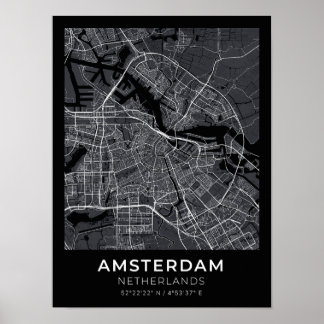 Poster de carte de la ville noire d'Amsterdam Pays