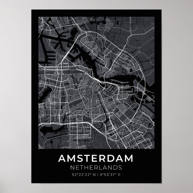 Poster de carte de la ville noire d'Amsterdam Pays (Devant)